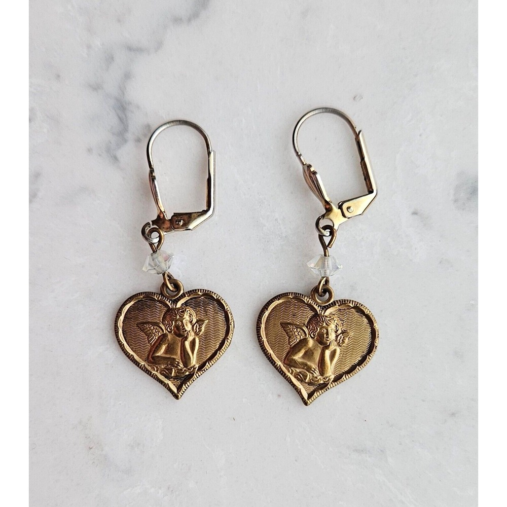 Vtg Leverback Dangle Heart w/Cherub BrassTone Earrings Glass Crystal Bead Accent - Picture 2 of 4